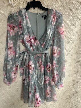 Express Gray Floral Long-Sleeve Wrap Romper with Pink Blooms